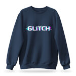 Glitched text design on Raverge women's navy sweatshirt, perfect for gamers and sci-fi fans.